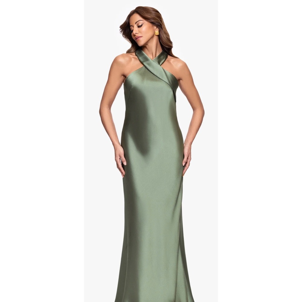 XCAPE Francesca Satin Halter Tie Neck Gown Sage Green Dress Size 4 NWT
